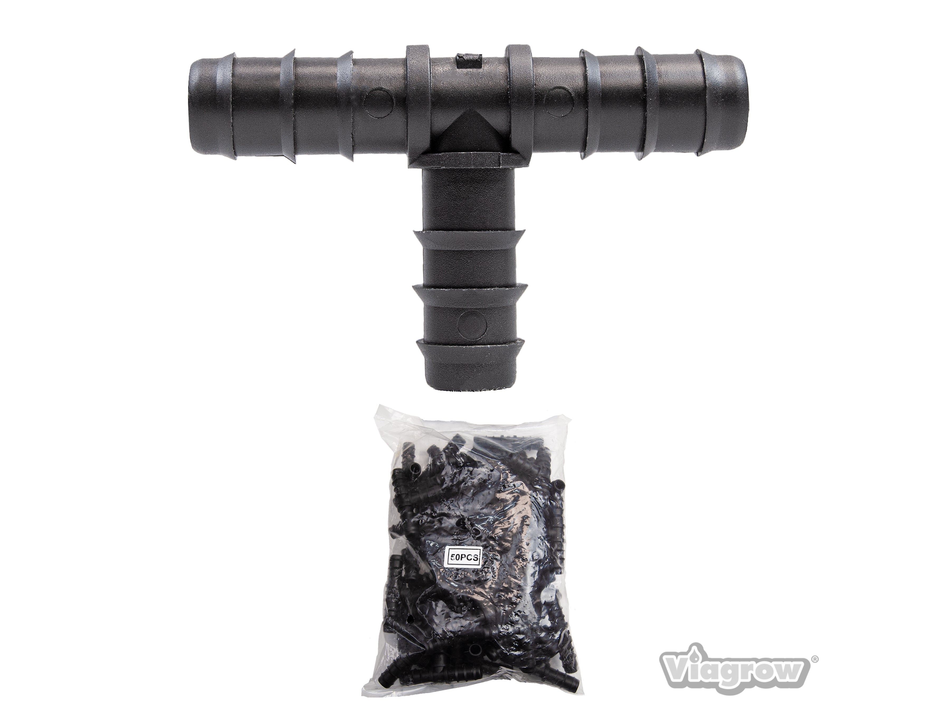 Viagrow 1/2 in. Tee Barbed Connector Irrigation Fitting, Black, 50 Units Per Pack (Case of 6)